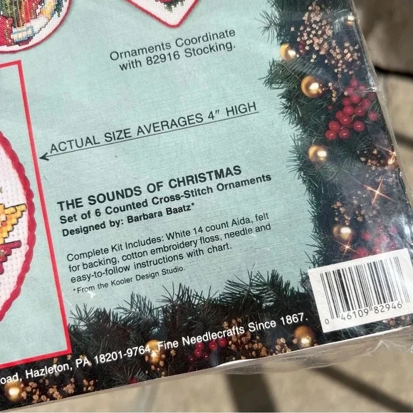 Vintage Bucilla The sounds of Christmas set of 6 counted cross stitch ornaments - Picture 4 of 5